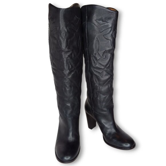 Daniblack Leather Knee Hight Boots Size 7 Black Western Quilted Stitched Anthro - Picture 1 of 14